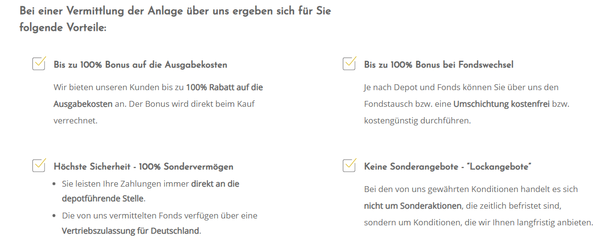 Angeblich viele Vorteile bei Fondsvermittlung.de: Die meisten davon sind reine Selbstverständlichkeiten.