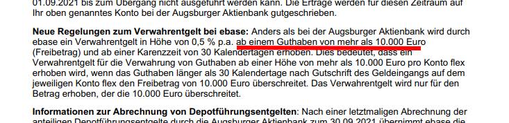 Mit dem Übergang von Augsburger auf ebase verbunden: Negativzinsen schon ab10.000 Euro.