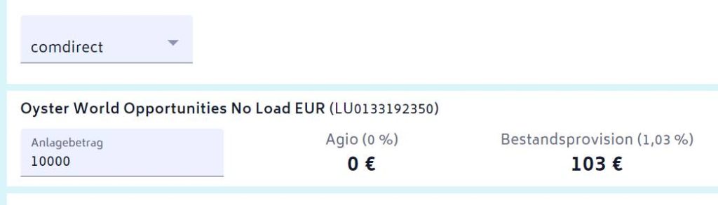 Der Rentablo-Rechner zeigt es: Über 1 % p.a. Bestandsprovision wird bei diesem No load Fonds gezahlt.