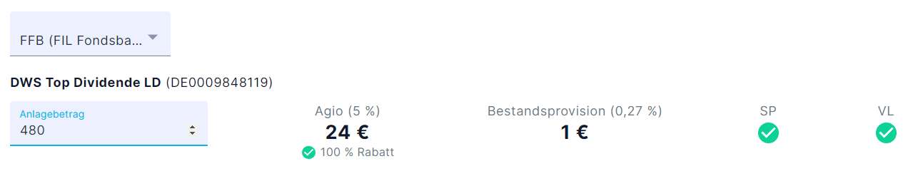 Rentablo Fondsabfrage: Sie sehen z.B. für den DWS Top Dividende LD (DE0009848119) die Ersparnis beim Ausgabeaufschlag sowie die Gutschrift für Bestandsprovision. Als Anlagebetrag haben wir die jährliche Maximaleinzahlung bei VL angenommen. Der grüne Haken bei VL zeigt: Die Fonds ist für VS-Sparen geeignet.